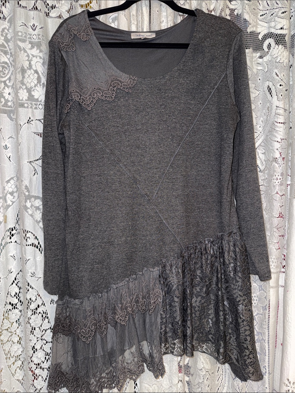 indigo soul Grey Lace-Trim Long Sleeve Tunic